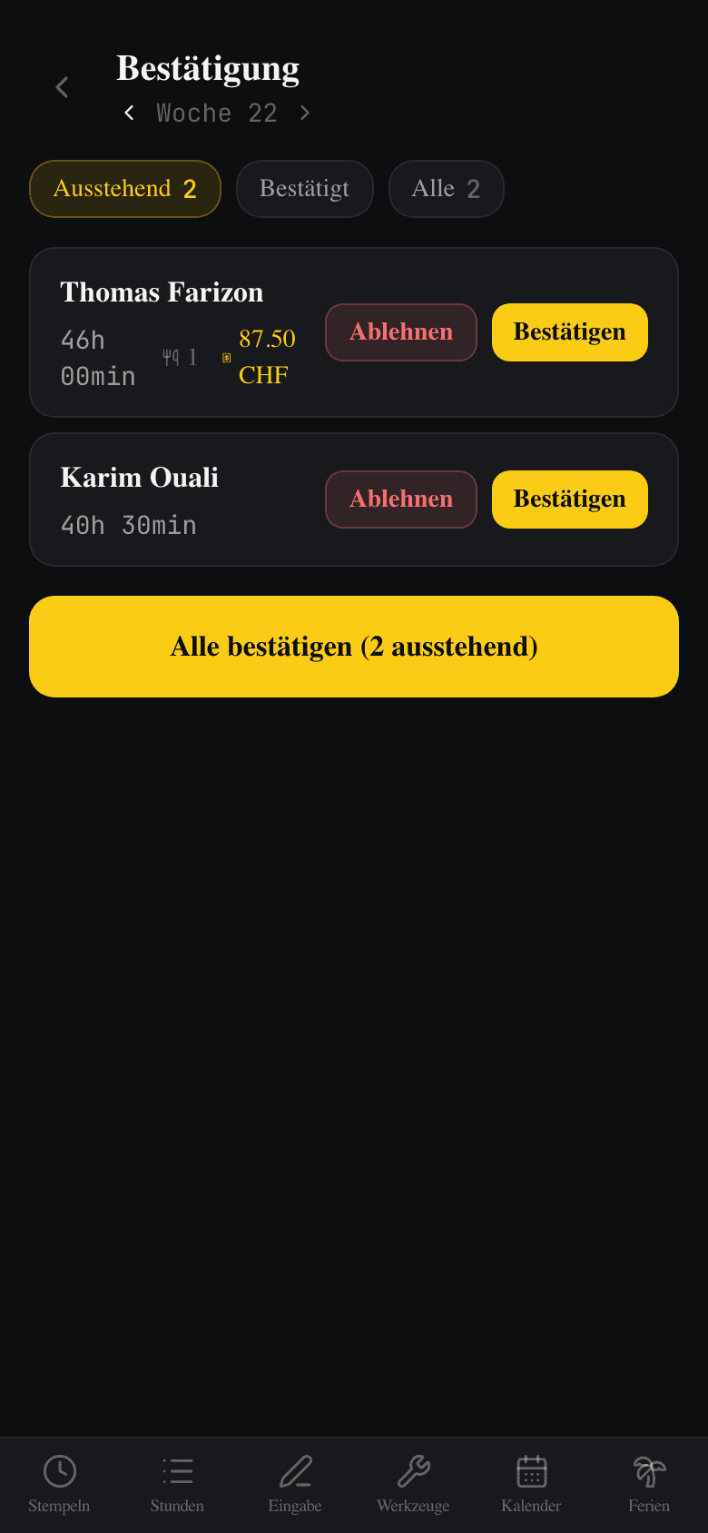 KronDesk — validation hebdomadaire des heures d'un employé par le patron