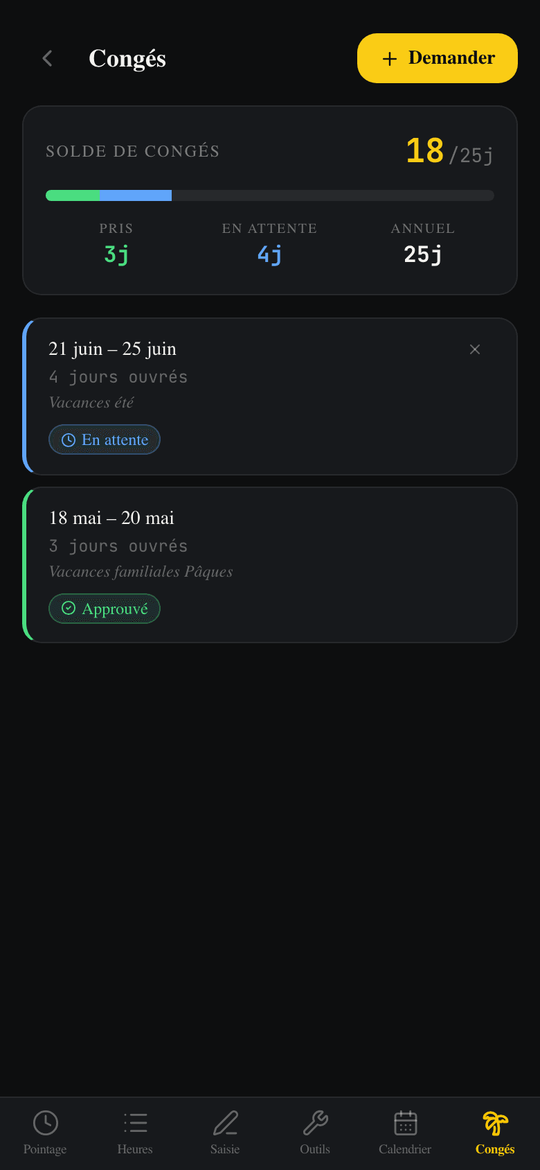 Application mobile KronDesk — demandes de congés et solde de vacances