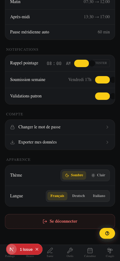 KronDesk — paramètres : thème sombre ou clair et choix de langue (français, allemand, italien)