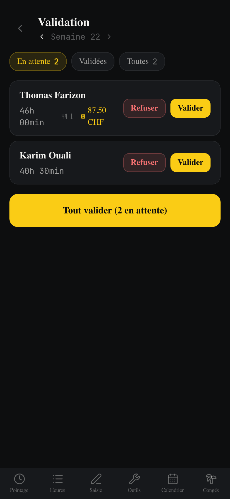 KronDesk — validation hebdomadaire des heures d'un employé par le patron