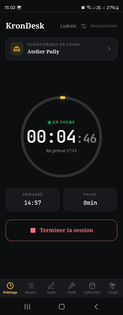 Application mobile KronDesk — pointage des heures de travail en cours